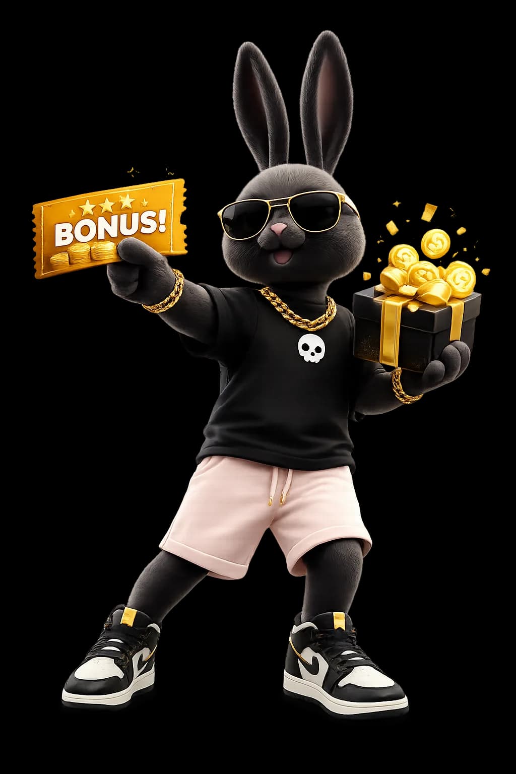 Bibkins-rabbit.site mascot holding a bonus ticket