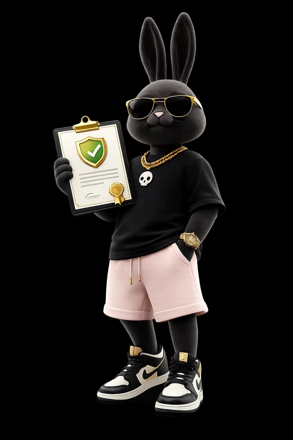 Bibkins-rabbit.site mascot holding a licence document