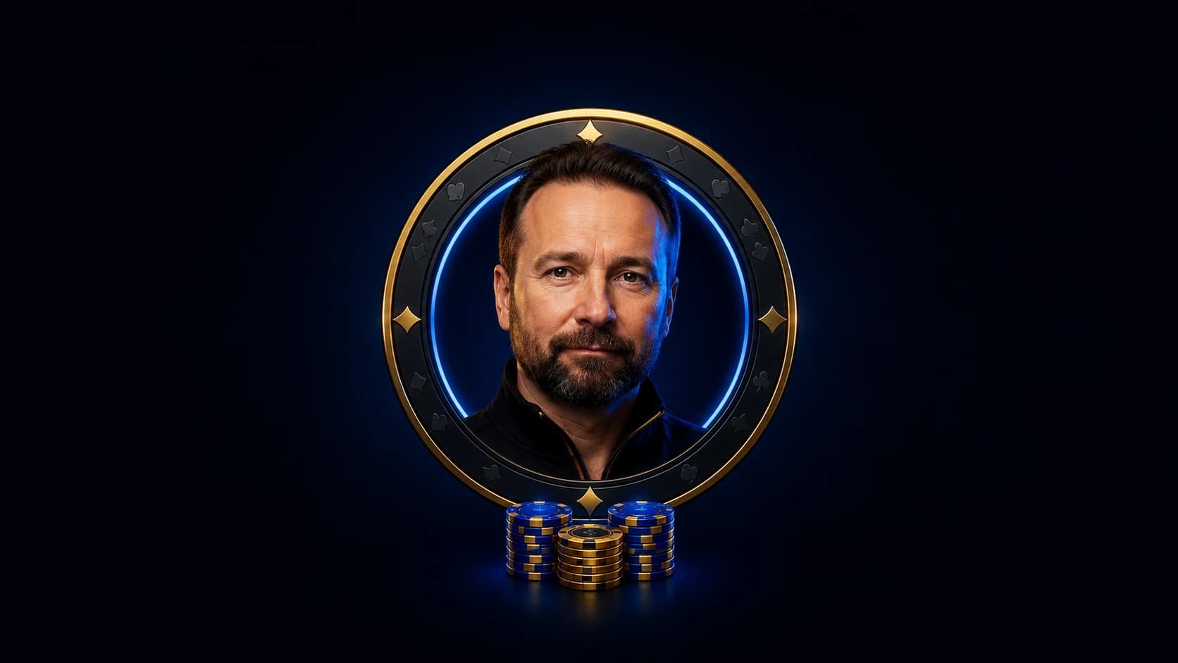 Daniel Negreanu framed by poker chips and a blue neon ring